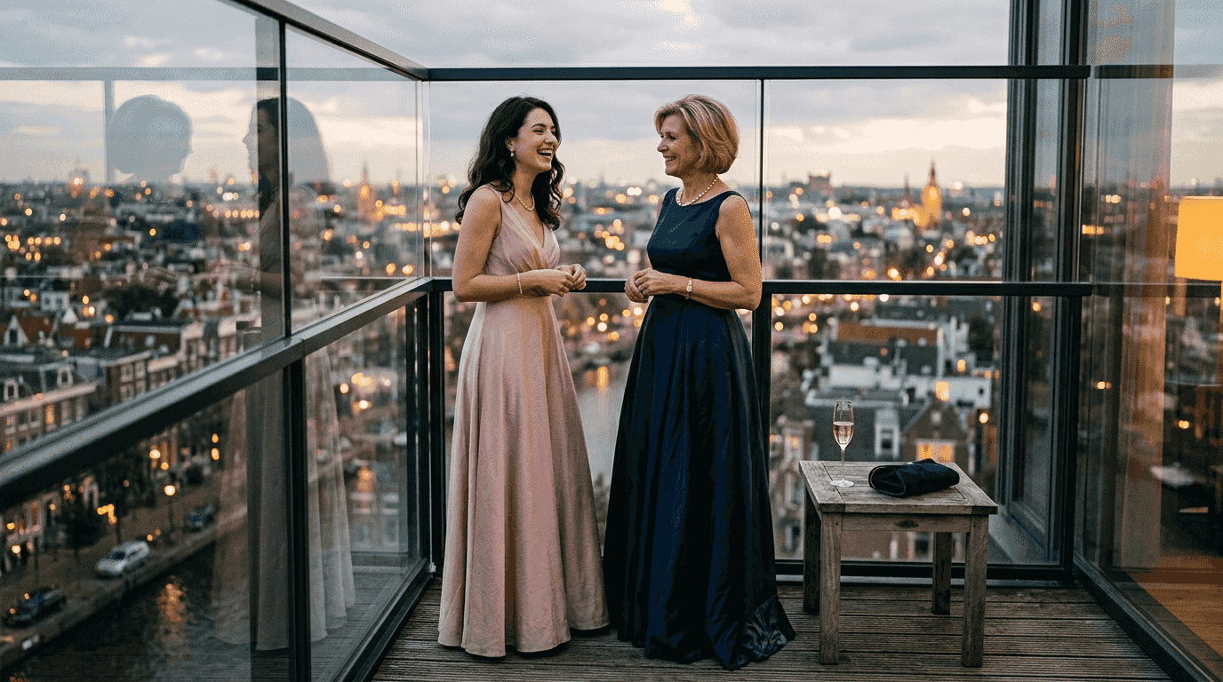 Twee stijlvolle dames in chique jurken genieten van het uitzicht vanaf het balkon.