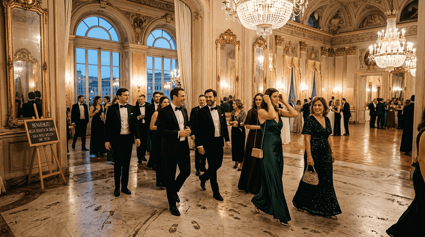 Ospiti eleganti fanno il loro ingresso in una sala da ballo raffinata, pronti a vivere la magia di una serata esclusiva nel 2026.