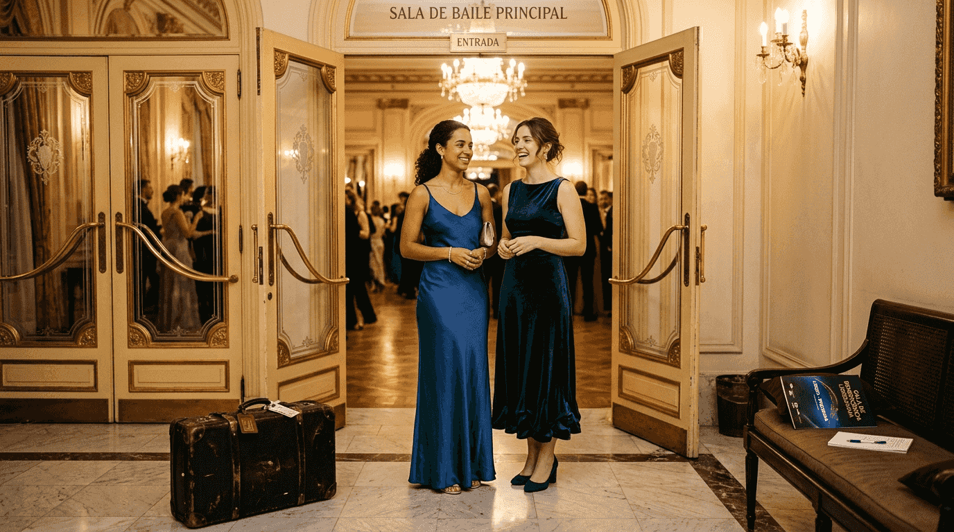 Senhoras vestidas de gala a entrar numa sala de baile repleta de glamour.