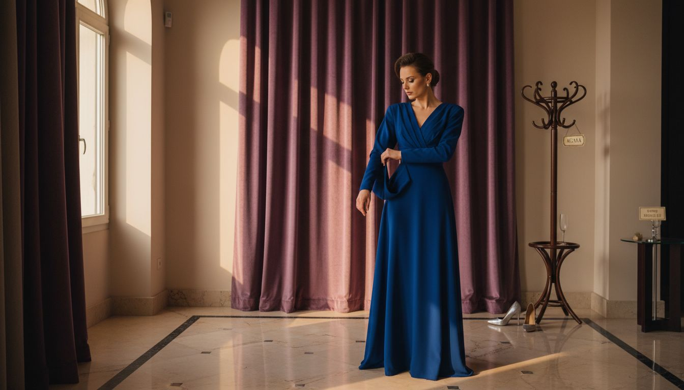 O femeie își aranjează cu grijă ținuta elegantă pentru petrecerea din 2026, chiar în holul impunător al casei.