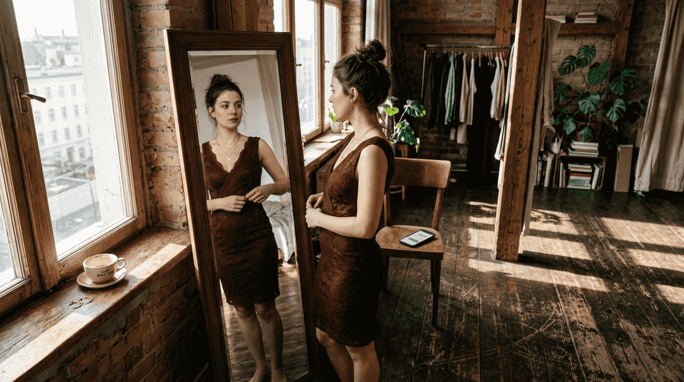 Eine Frau begutachtet ein elegantes Designer-Partykleid in edlem Burgunderrot.