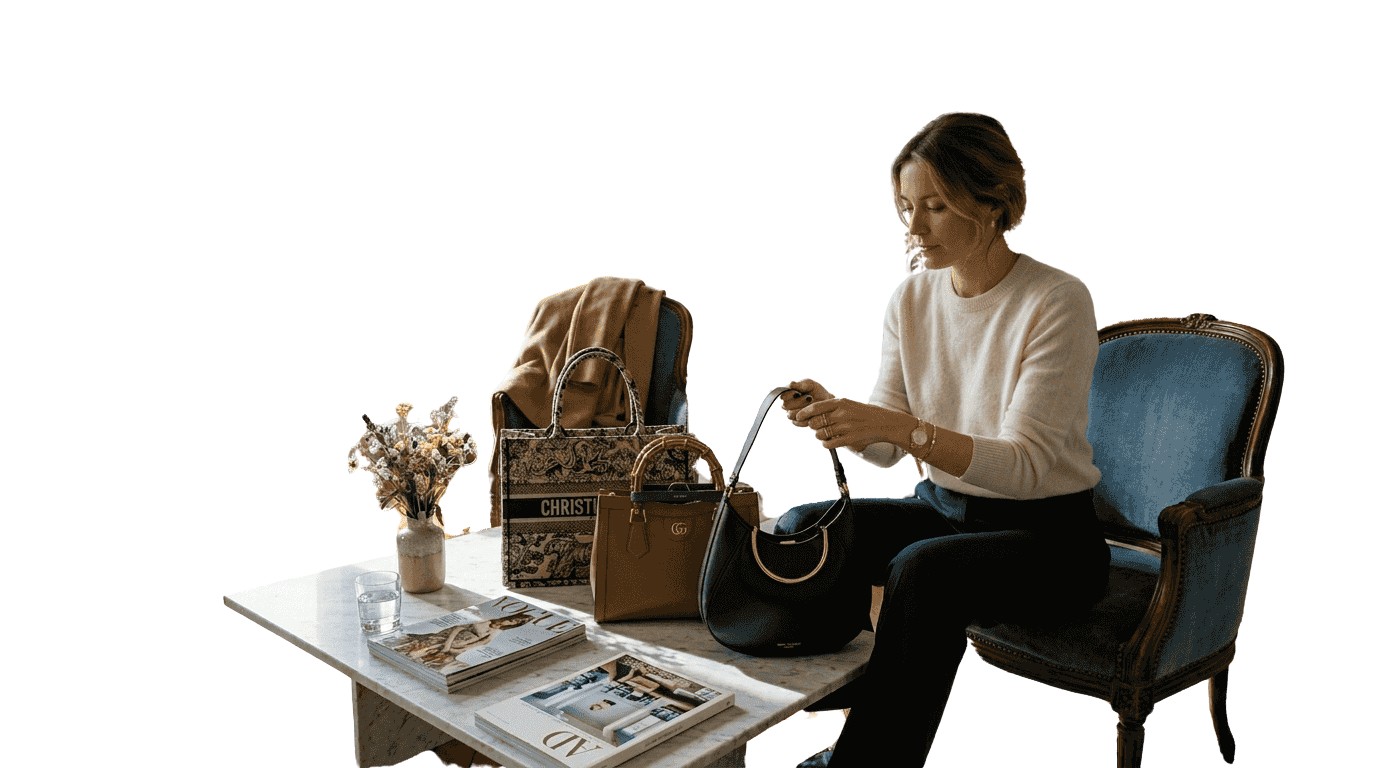 Dans un salon raffiné, une femme prend soin de disposer avec élégance sa collection de sacs à main de luxe.