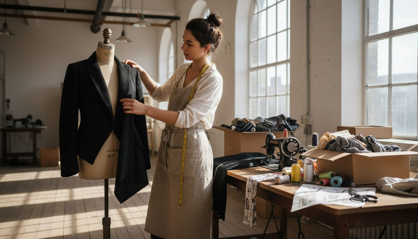 Een modeontwerper perfectioneert een opvallend zwart jasje in het atelier.