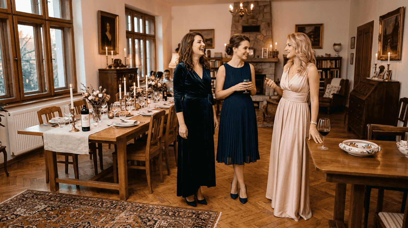 Femei îmbrăcate cu rochii elegante, adunate la o cină rafinată