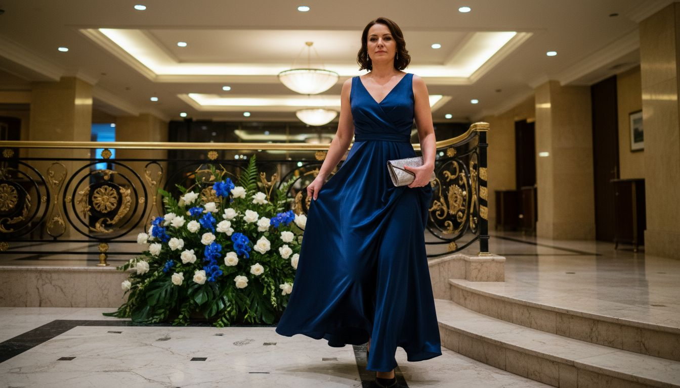 Senhora elegante com vestido de gala num átrio sofisticado