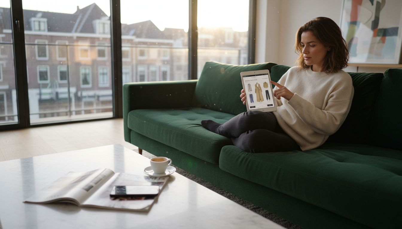 Een vrouw die thuis op haar gemak luxe modewinkels online doorbladert.