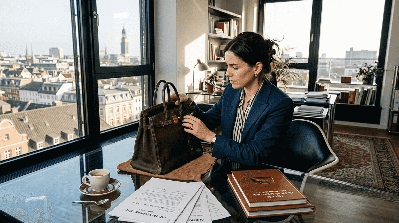 In einem Büro begutachtet eine Frau aufmerksam eine Vintage-Tasche von Hermès.