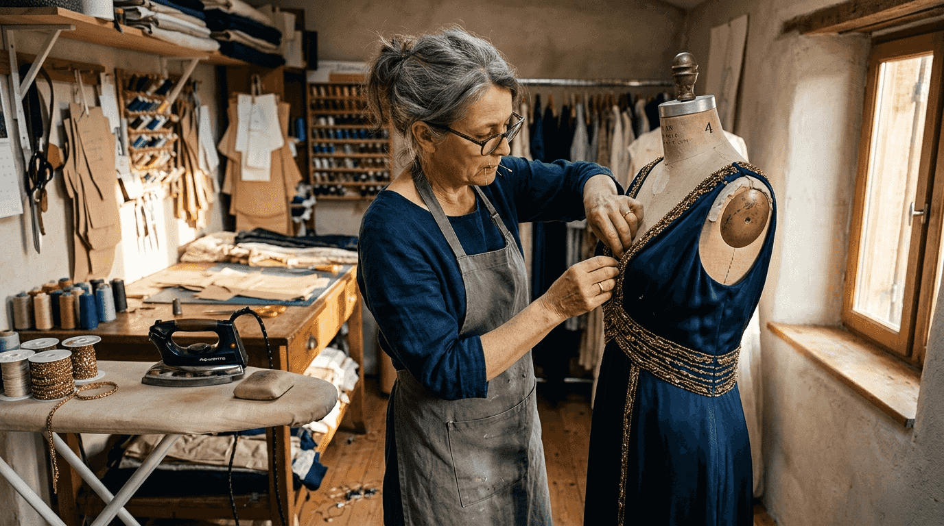 Tailor adjusting details on luxury evening gown