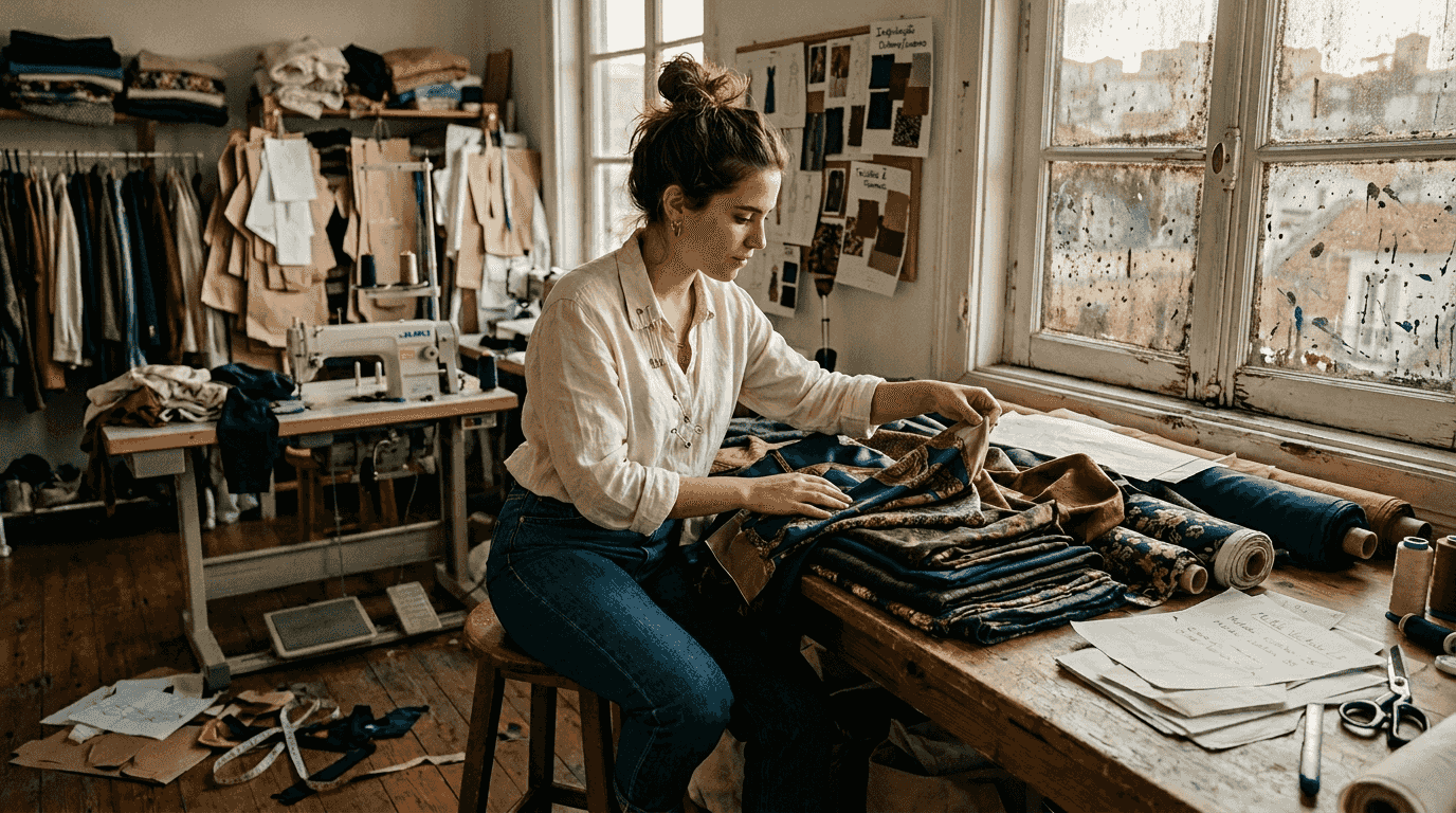 Jovem designer de moda a analisar tecidos no seu atelier