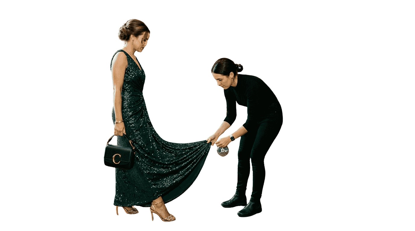 Una estilista da los últimos retoques al vestido de la invitada en una elegante mansión antes de la gala.