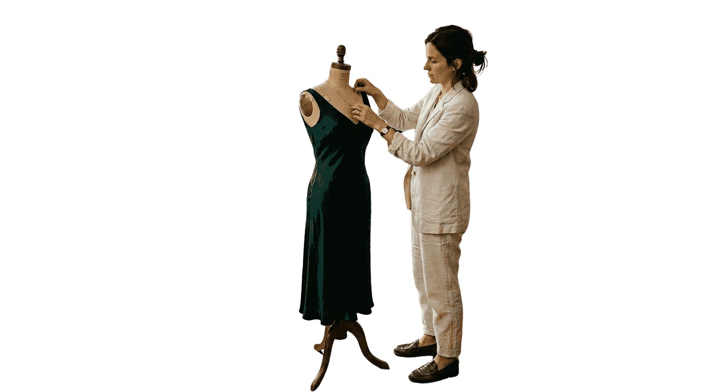 Een vrouw past een stijlvolle jurk in een mode-atelier.