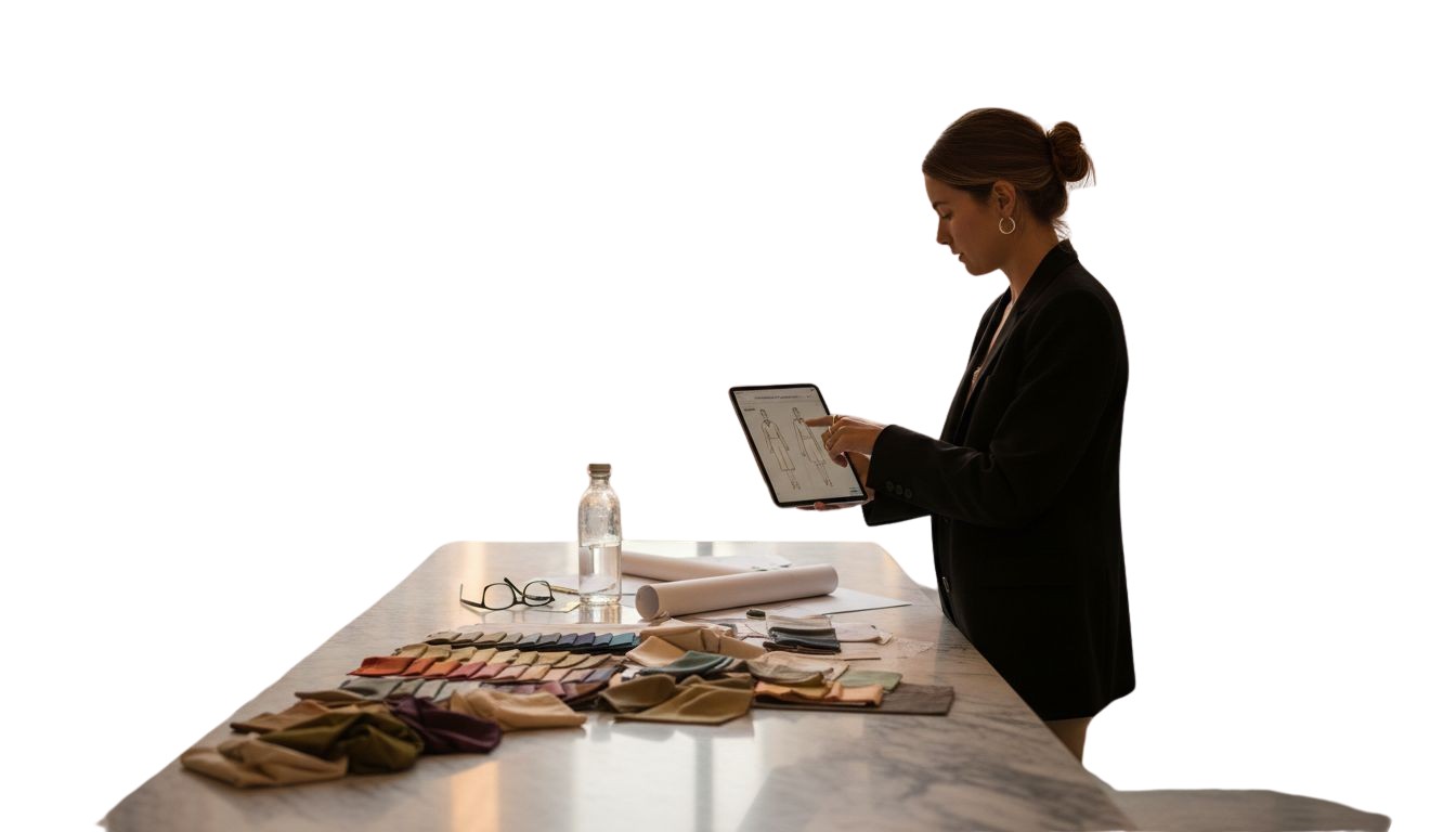 Designer reviewing digital fashion sketches in studio