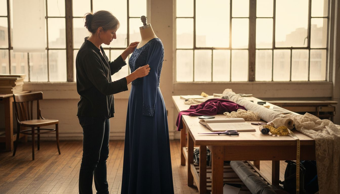 Dans son atelier, une créatrice apporte les dernières retouches à une robe, concentrée sur chaque détail.
