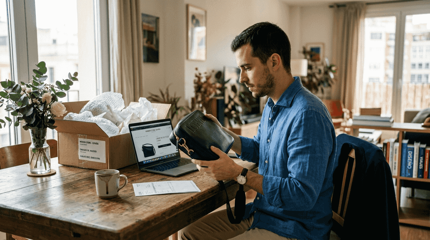 Hombre revisando su pedido de moda exclusiva a través de una tienda online