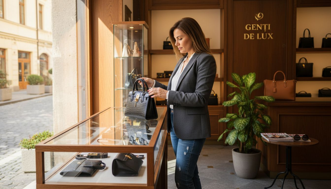 O femeie răsfoiește cu interes gențile de firmă într-o boutique de lux, analizând cu atenție fiecare model.