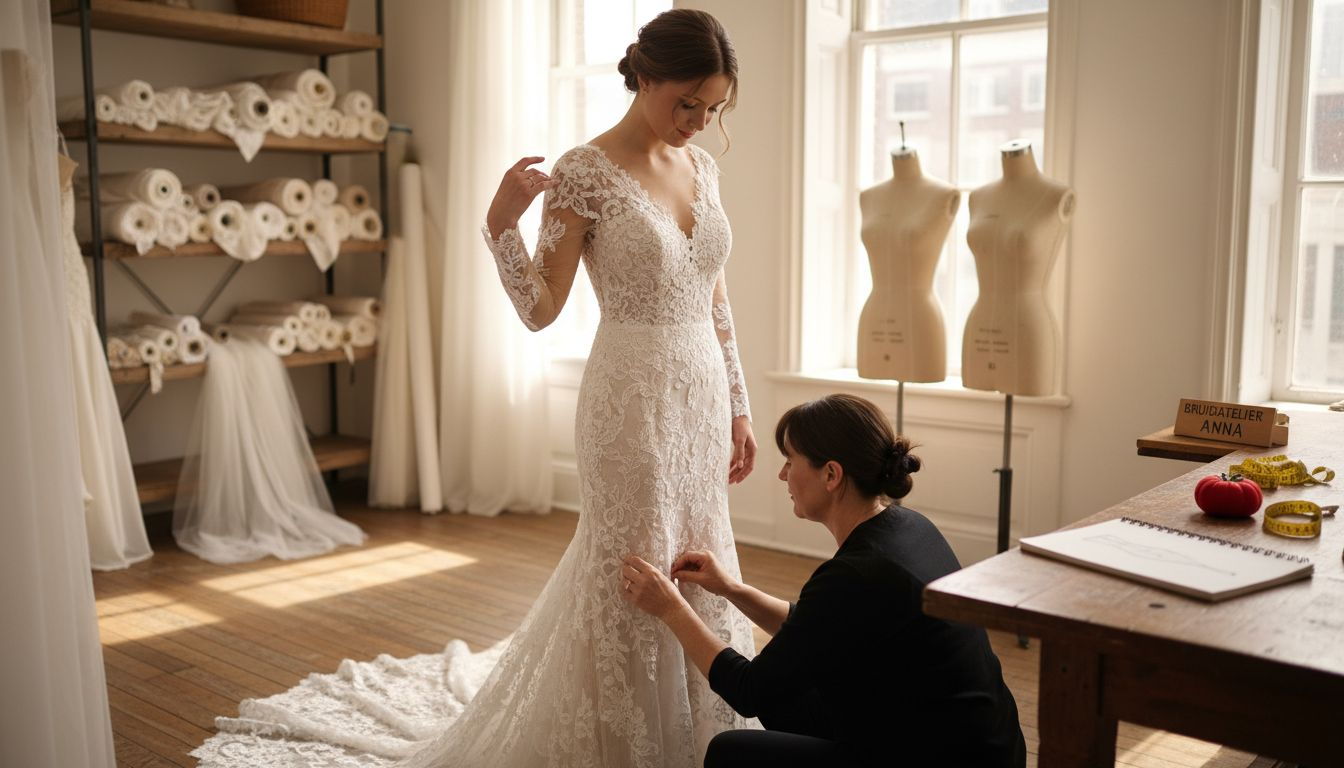 Bruid past haar couture bruidsjurk in het atelier