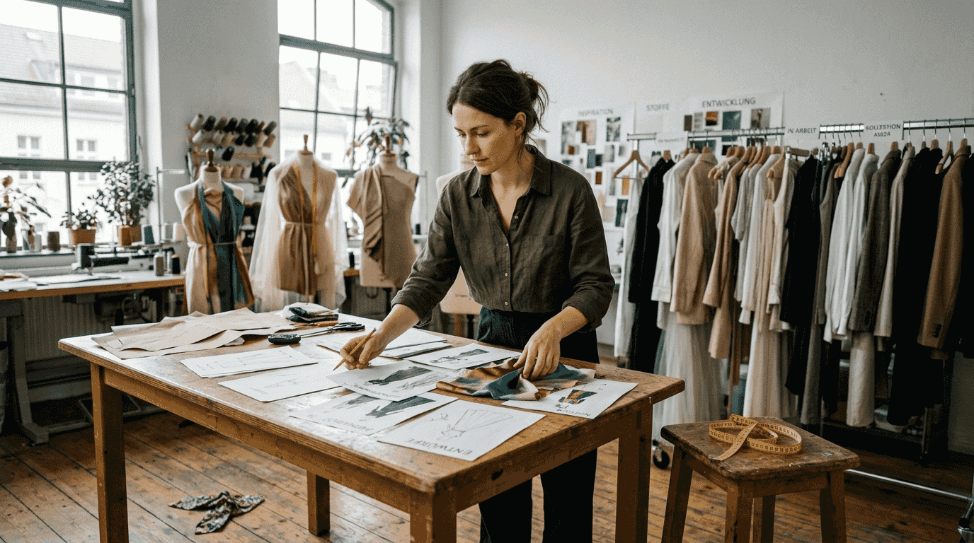 Junge Modedesignerin bei der Arbeit in einem inspirierenden Atelier