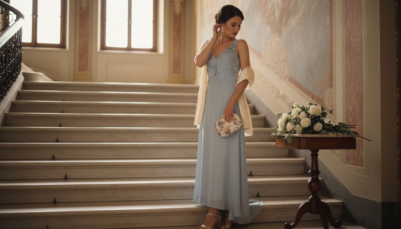 Una donna si sistema l’orecchino mentre indossa un abito elegante, pronta per una cerimonia raffinata.