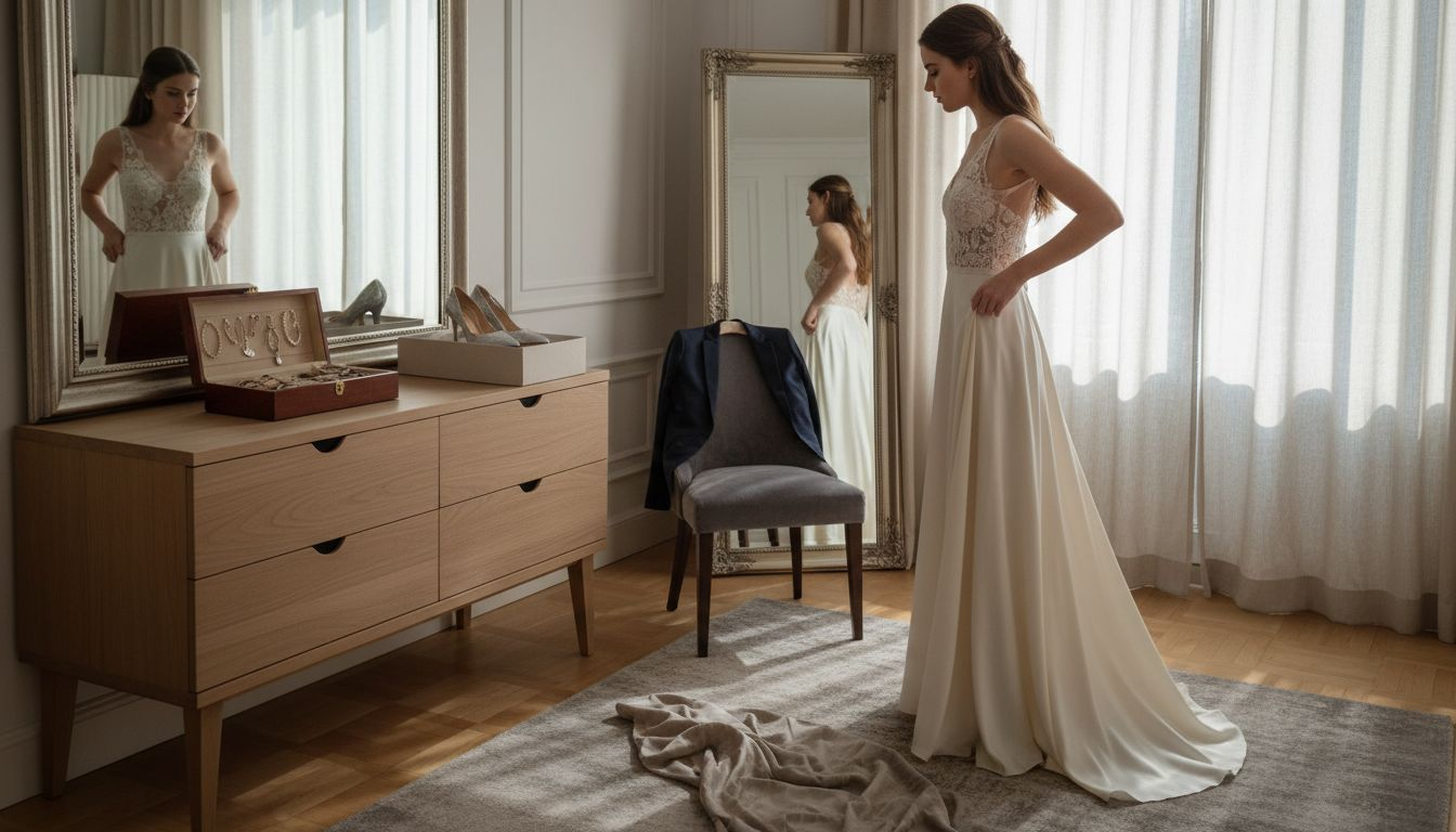 Una mujer se prueba un vestido de diseñador en el probador, admirando cómo le queda frente al espejo.