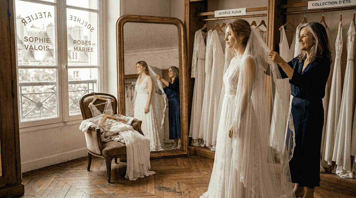 Une future mariée en pleine séance d’essayage de robe dans un salon spécialisé.