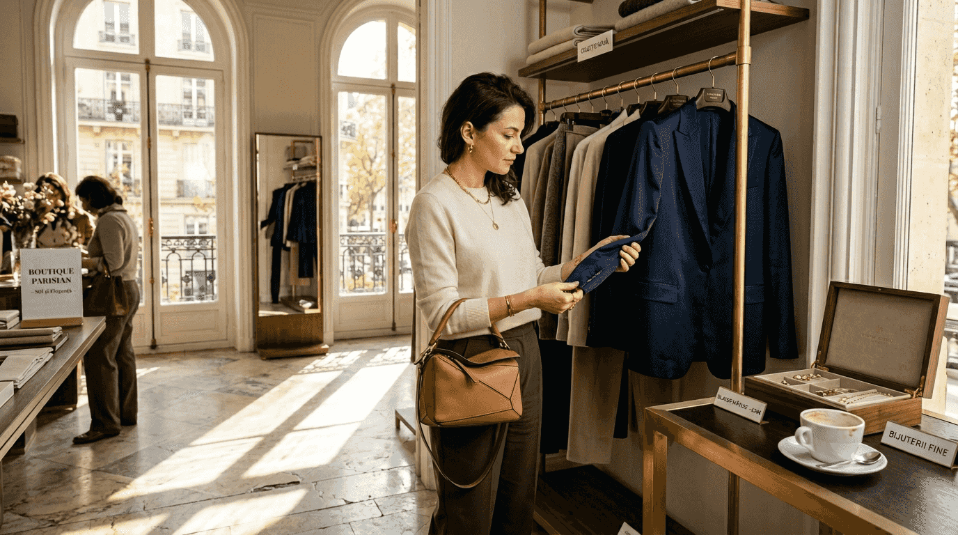 O doamnă analizează cu atenție un sacou de lux într-o boutique elegantă din Paris.
