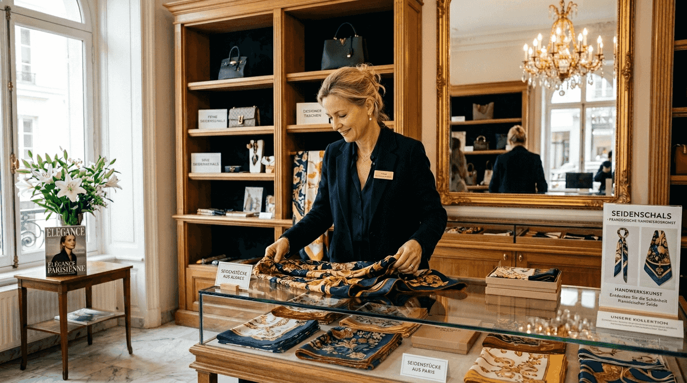 Eine Mitarbeiterin ordnet mit viel Sorgfalt edle Seidenschals in einer exklusiven Boutique.