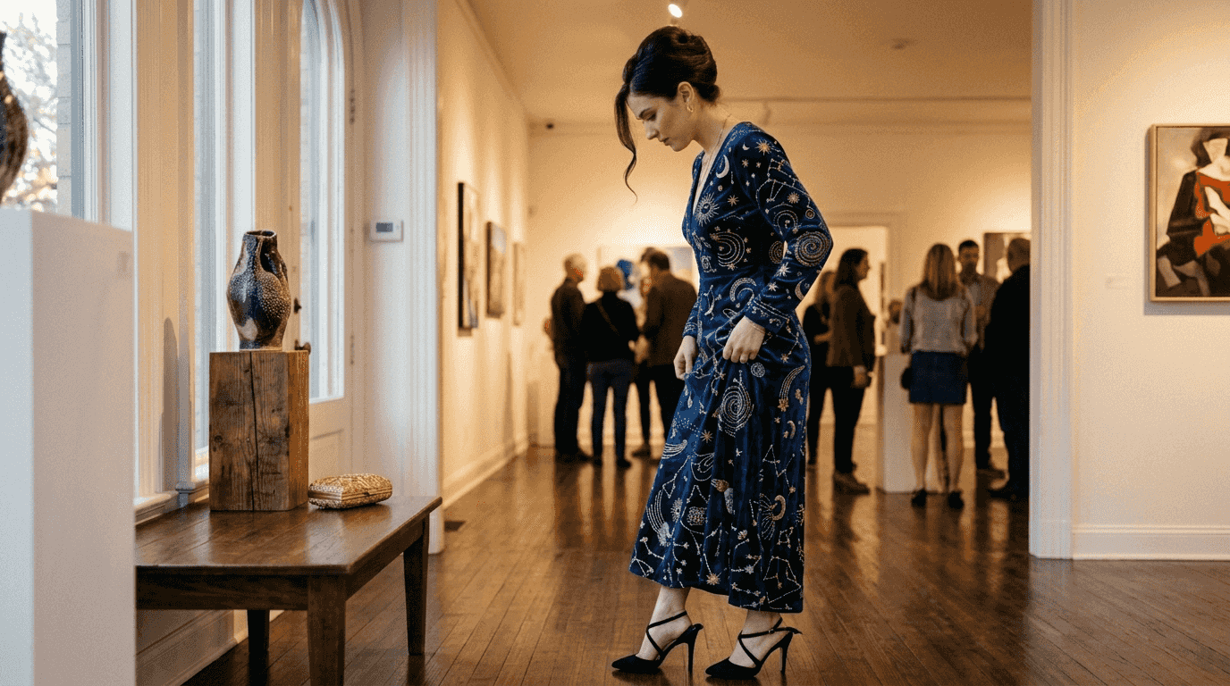 Woman in cultural-inspired eveningwear in art gallery