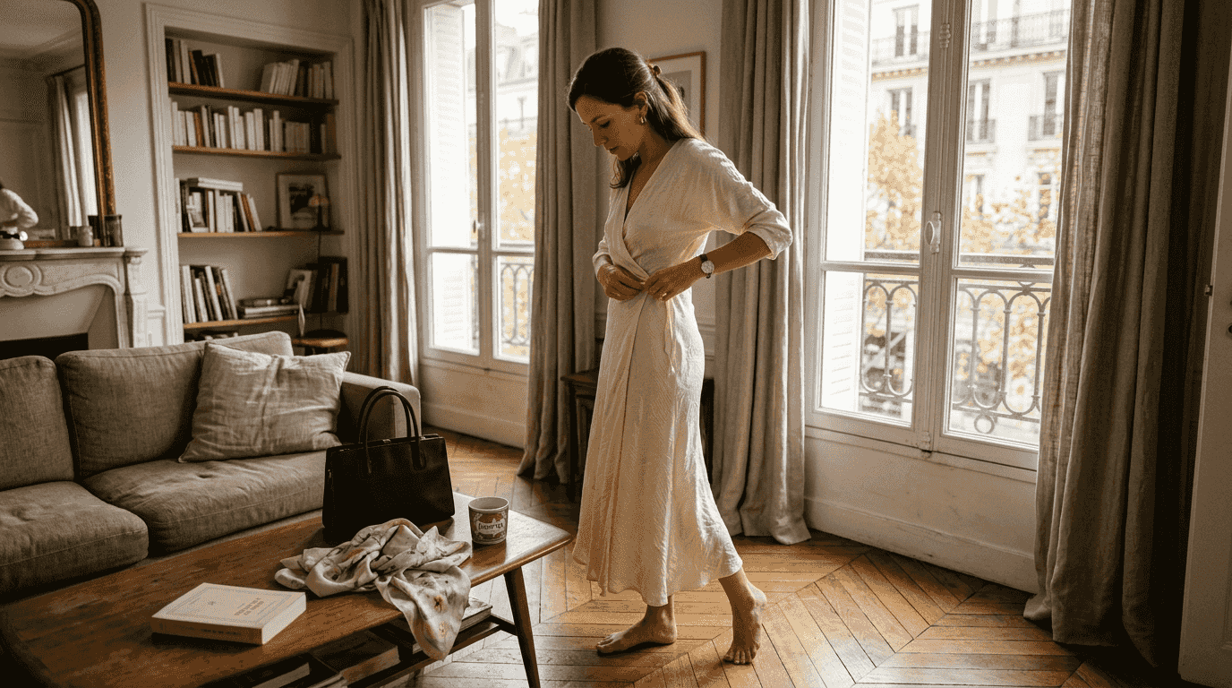 Dans le salon baigné de lumière, une femme ajuste délicatement sa robe en soie.