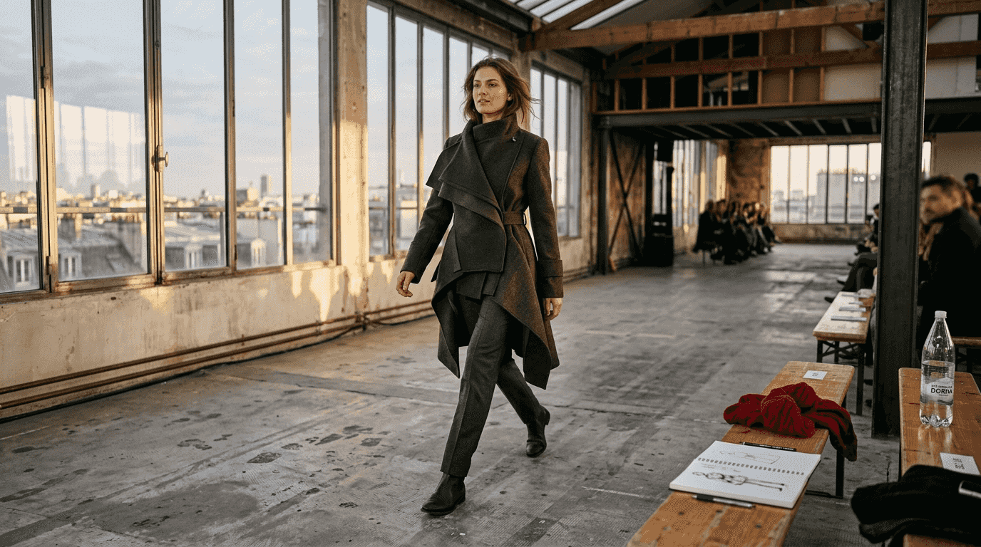 Un model defilează pe podiumul unei prezentări de modă exclusiviste, într-un loft industrial spațios și aerisit.