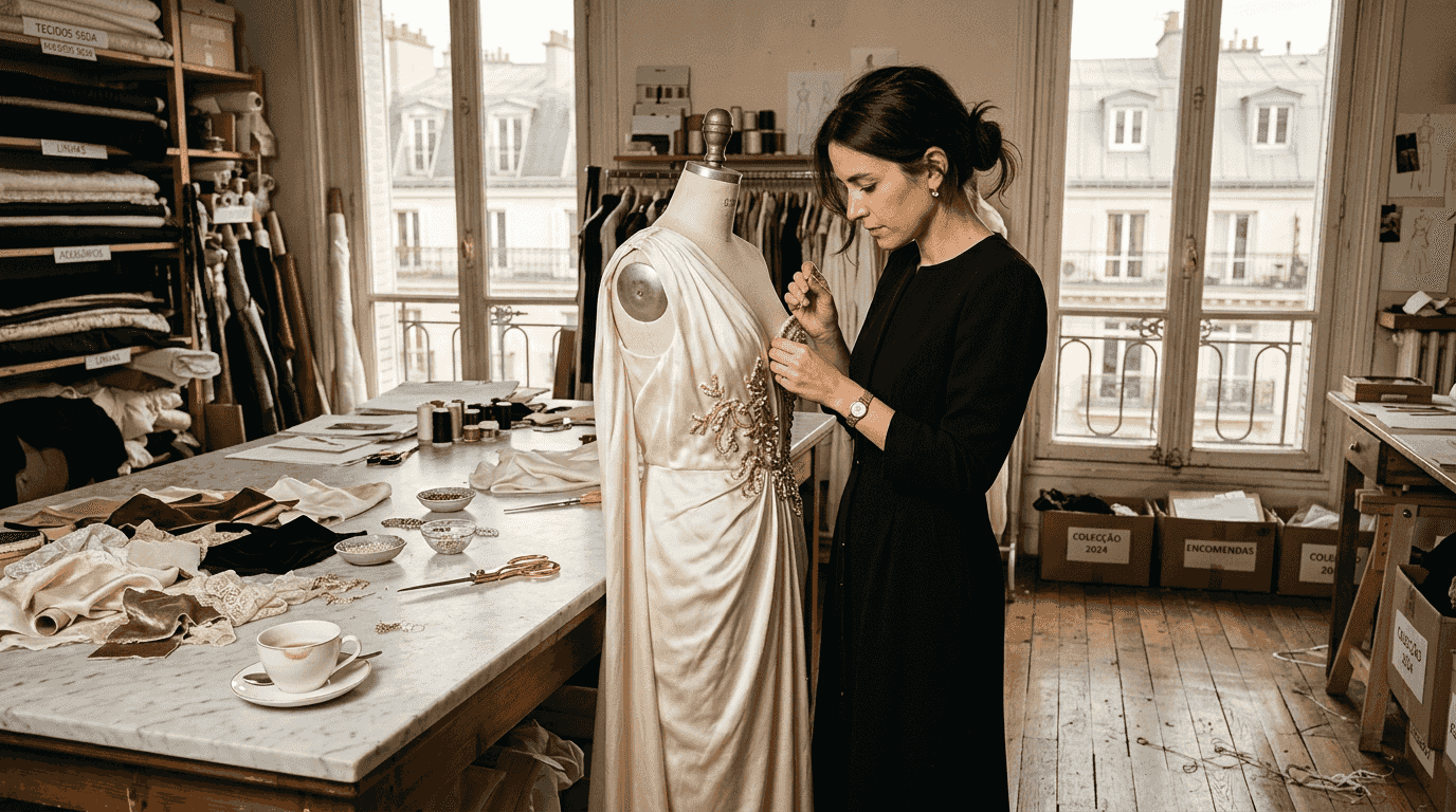 Designer a analisar um vestido de seda no atelier de moda