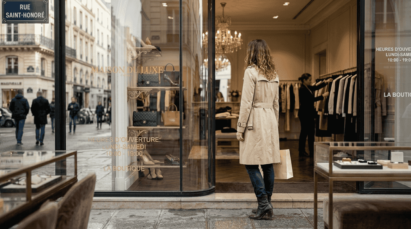 Eine Frau stöbert entspannt durch die edle Auswahl in einer exklusiven Boutique.
