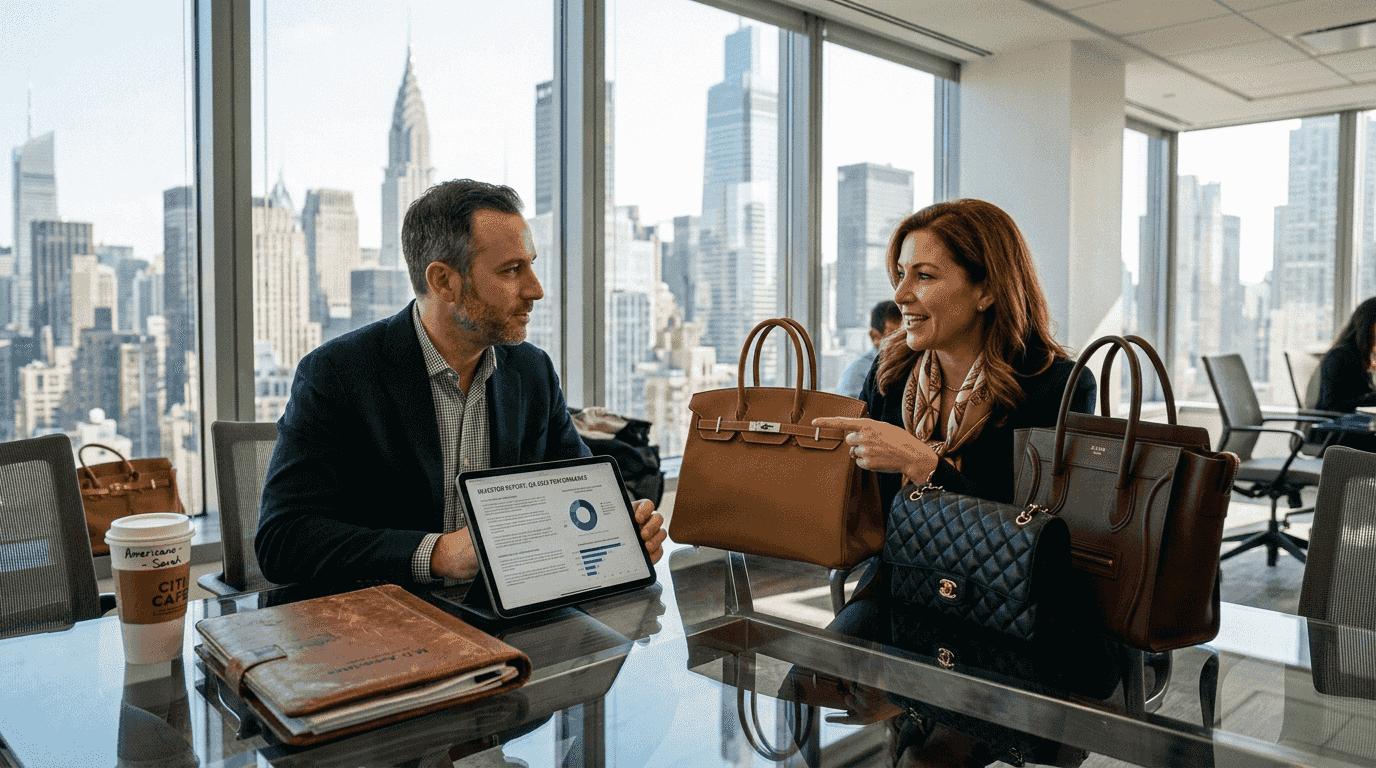 Professionals discussing luxury handbags in sunlit office