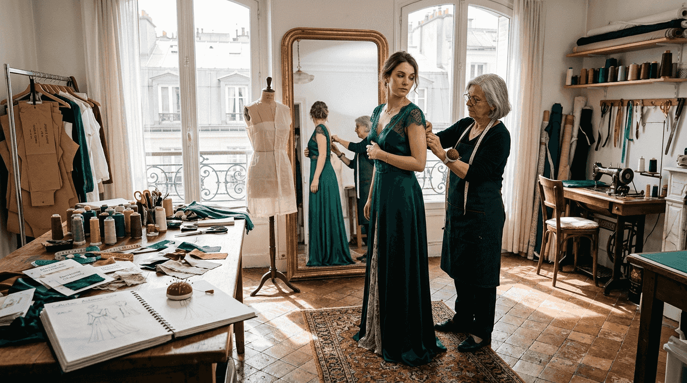 Une femme essaie une robe de créateur dans un atelier parisien, sous le regard attentif des couturières.