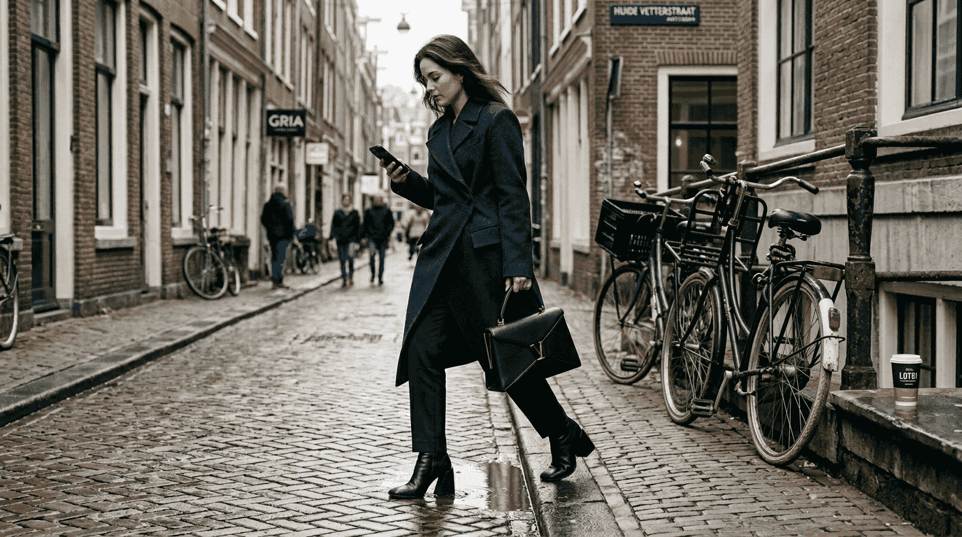 Stijlvolle vrouw straalt in het moderne straatbeeld met haar luxe fashion look