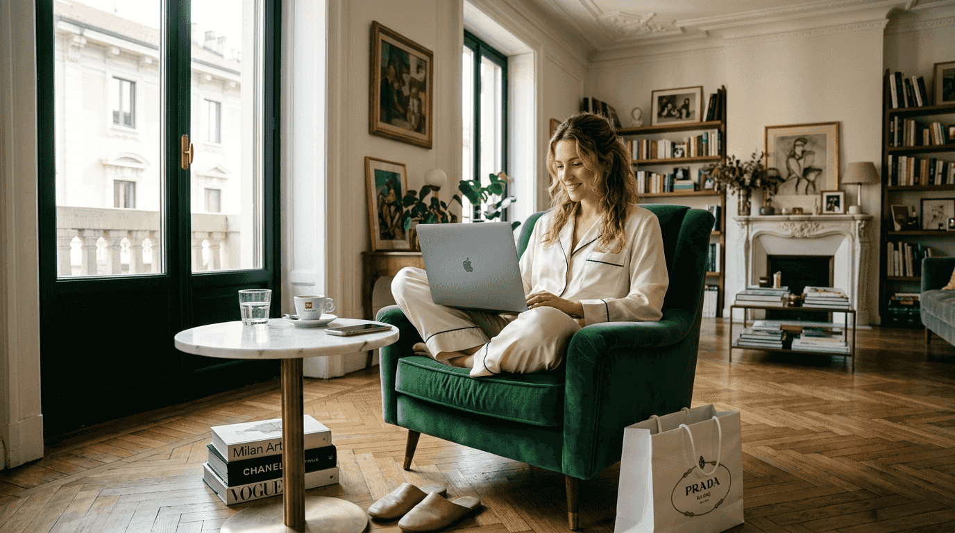 Donna che sfoglia le ultime novità di moda di lusso dal suo portatile