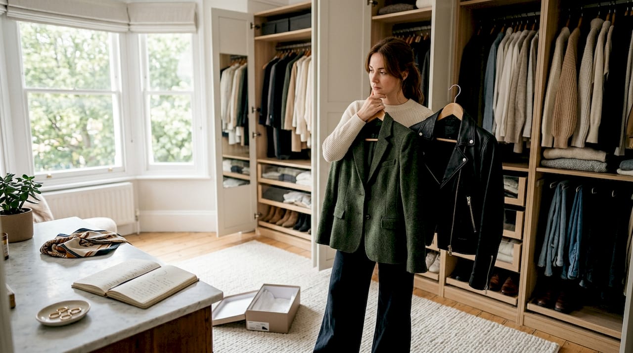 Young woman comparing designer jackets in bedroom
