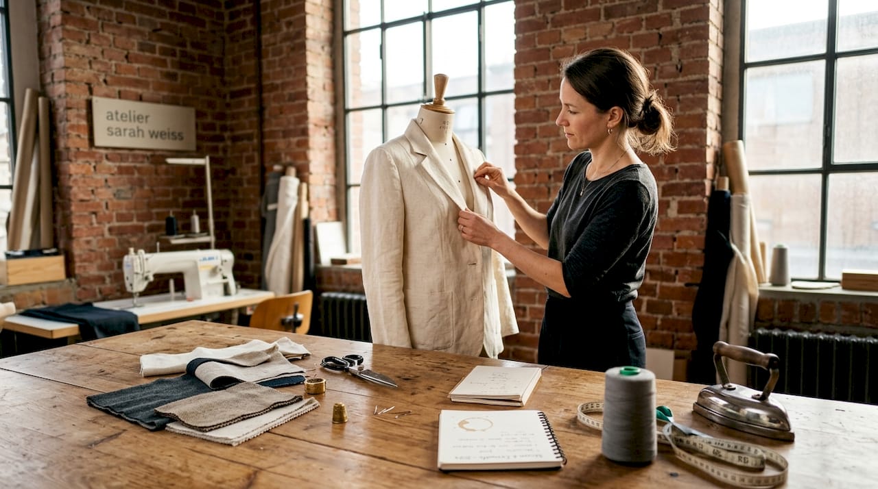 Eine Designerin arbeitet in ihrem Atelier an den letzten Details einer nachhaltigen Jacke.