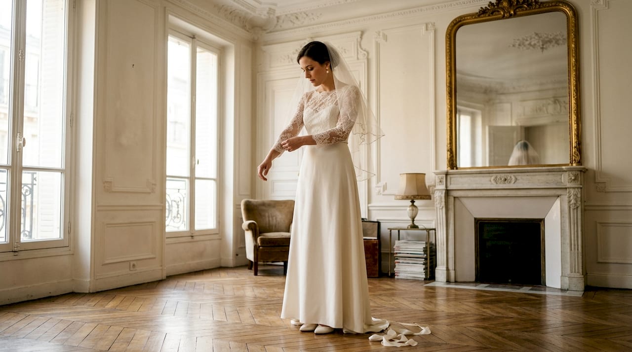 Jeune mariée élégante dans une somptueuse robe de créateur, posant dans un salon parisien raffiné.