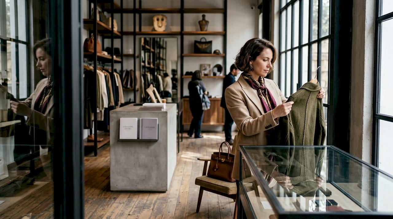 Una mujer disfruta descubriendo las últimas tendencias en una boutique de lujo recién inaugurada.