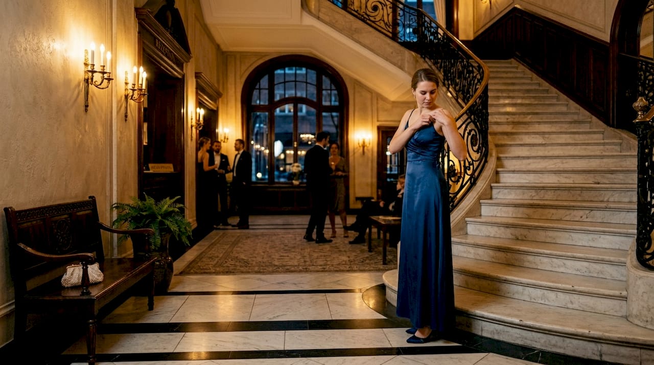 Eine elegant gekleidete Frau schreitet durch die stilvolle Hotellobby im Abendkleid.