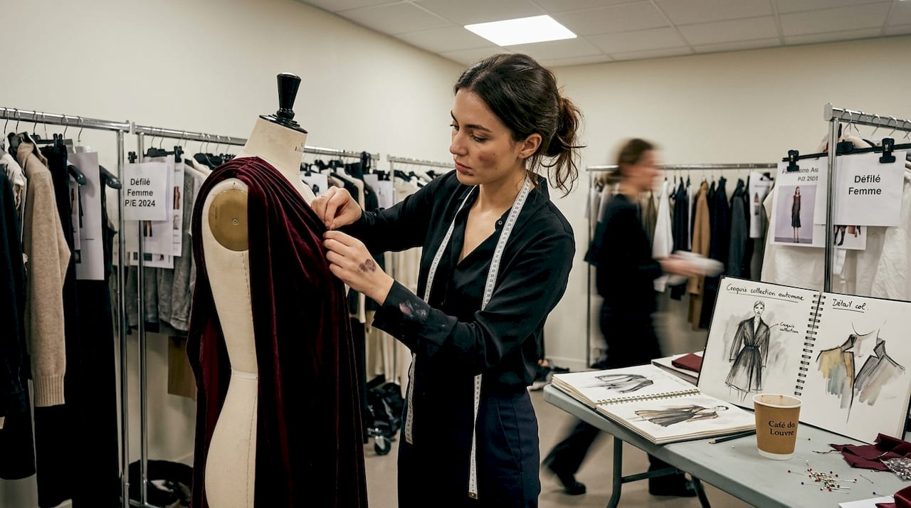 Le créateur s’affaire en coulisses lors du défilé de mode.