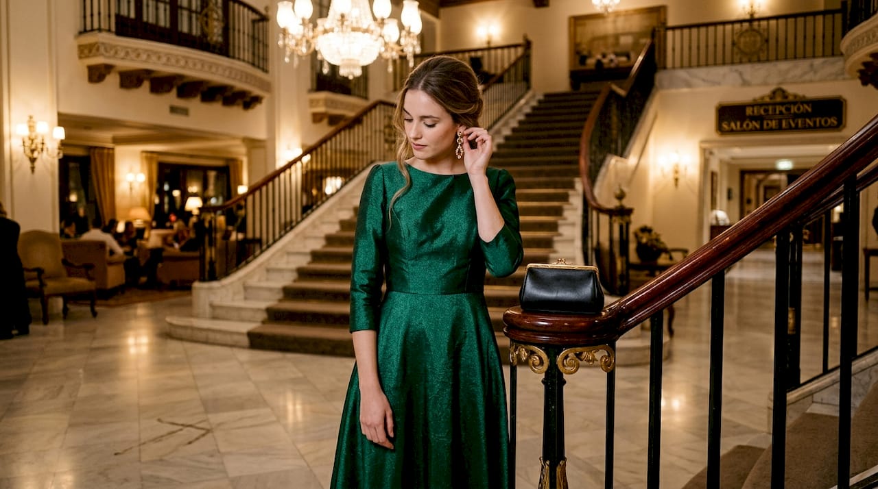 Una mujer luce un elegante vestido esmeralda mientras posa junto a una majestuosa escalera de mármol.