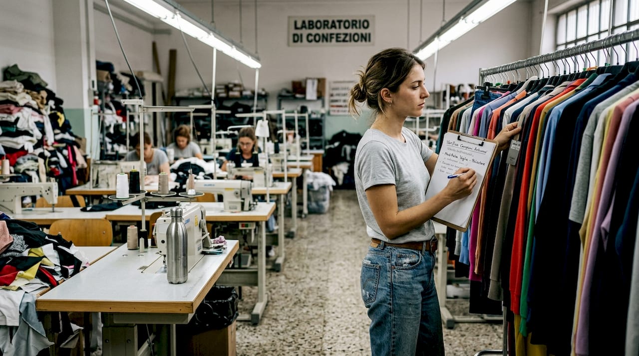 Laboratorio sartoriale dove lo stilista controlla la qualità dei capi in fase di produzione.