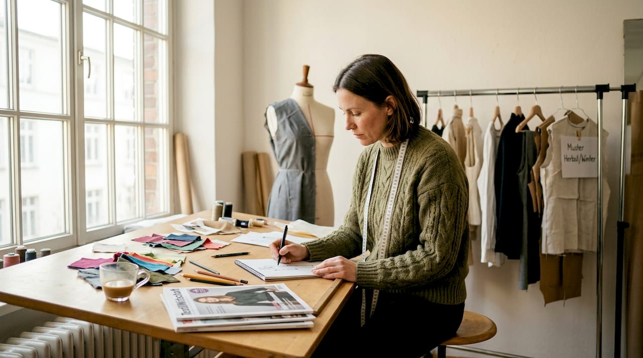 Eine Modedesignerin sitzt in ihrem Atelier und bringt ihre neuen Entwürfe aufs Papier.