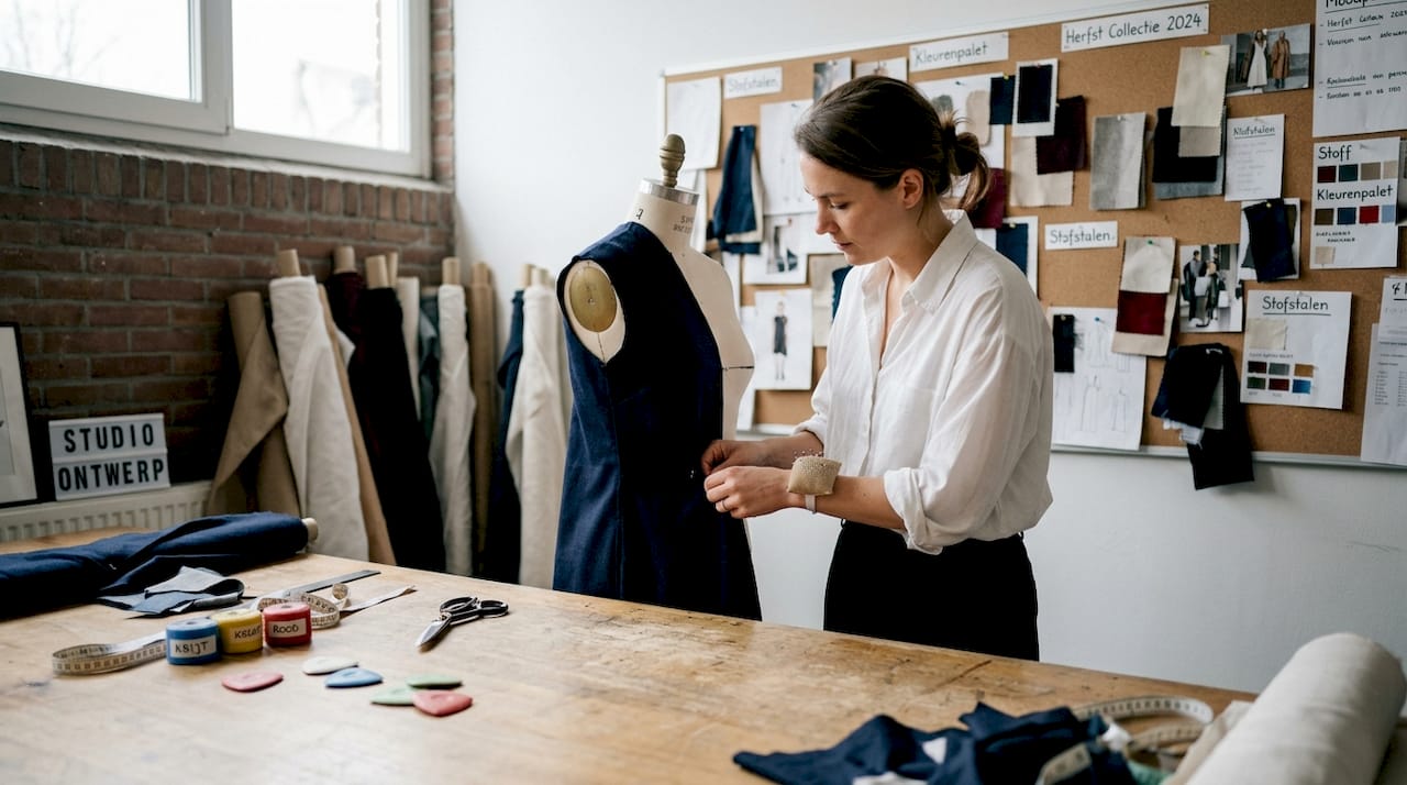 In het atelier werkt een modeontwerper aan vernieuwende, vooruitstrevende creaties.