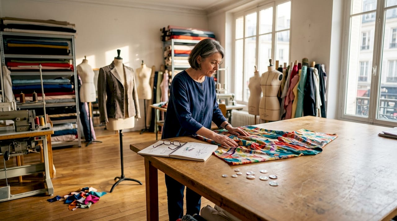 Dans l’ambiance feutrée d’un atelier de haute couture, une couturière s’affaire minutieusement à la création de pièces d’exception.