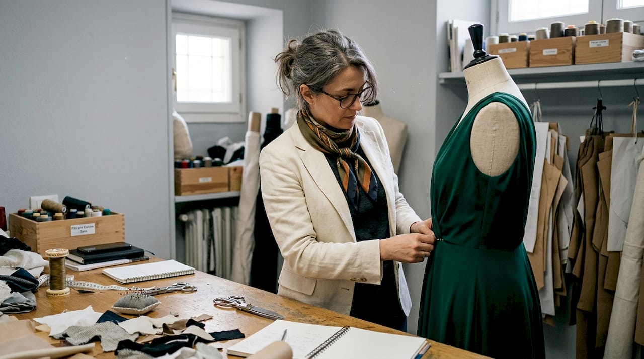 Una donna si sistema un abito sartoriale nello studio di un designer.