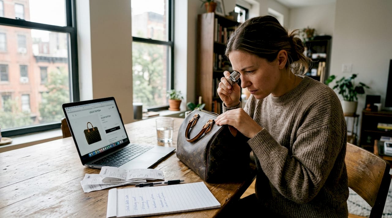 Woman examining designer bag in home workspace