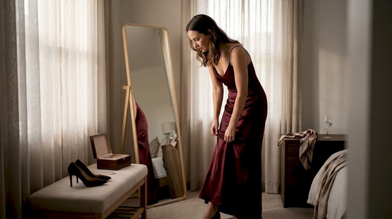 Eine Frau bringt vor einer festlichen Veranstaltung ihr elegantes Kleid noch einmal perfekt in Form.