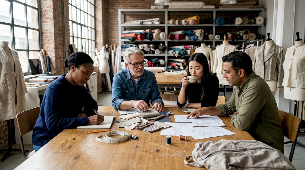 Un team eterogeneo di designer si confronta su nuove idee per il lusso nel mondo della moda.
